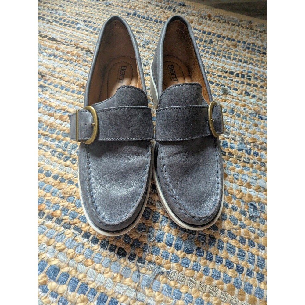 Born Contesta Slate Blue Leather Lug Sole Loafers 9 Chunky Buckle Comfort Shoes - Picture 10 of 12